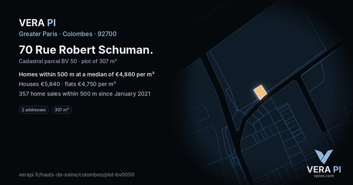 70 Rue Robert Schuman, Colombes at night – the plot lit, the parcels around coloured by the prices near them