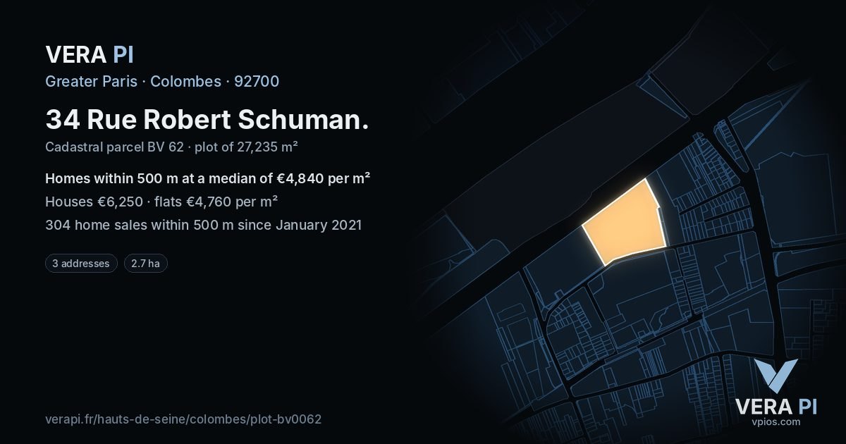 34 Rue Robert Schuman, Colombes at night – the plot lit, the parcels around coloured by the prices near them