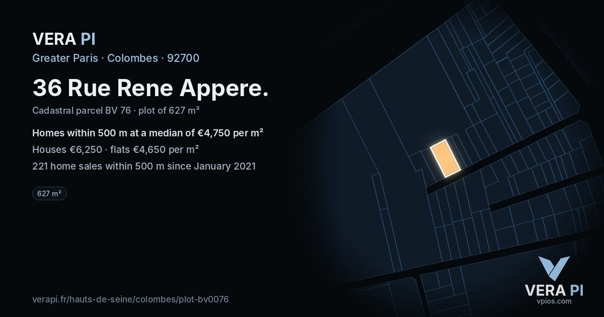 36 Rue Rene Appere, Colombes at night – the plot lit, the parcels around coloured by the prices near them