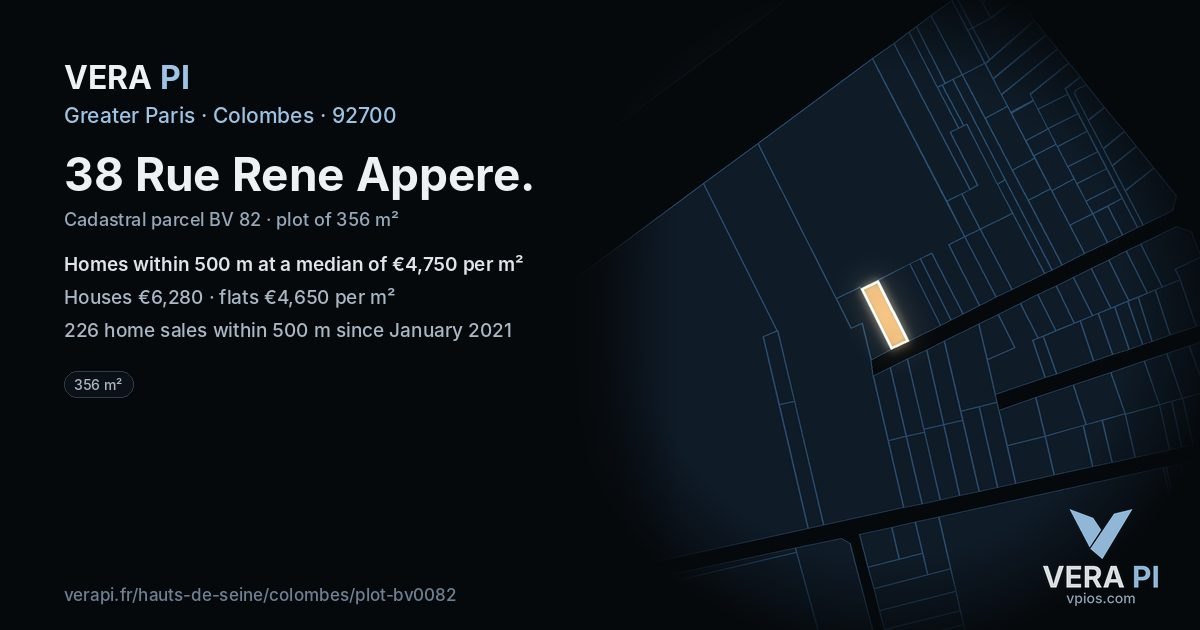 38 Rue Rene Appere, Colombes at night – the plot lit, the parcels around coloured by the prices near them
