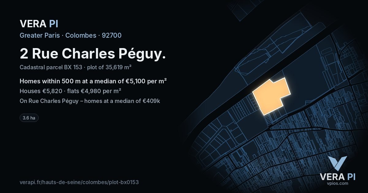 2 Rue Charles Péguy, Colombes at night – the plot lit, the parcels around coloured by the prices near them