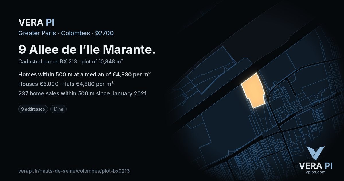 9 Allee de l’Ile Marante, Colombes at night – the plot lit, the parcels around coloured by the prices near them