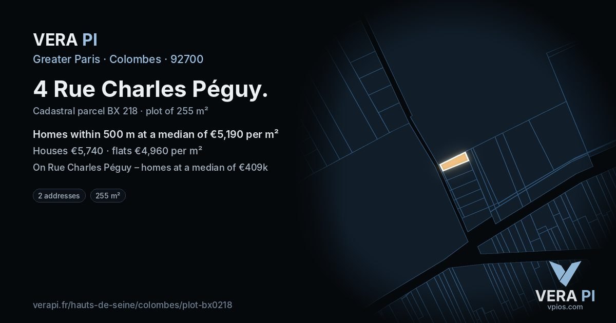 4 Rue Charles Péguy, Colombes at night – the plot lit, the parcels around coloured by the prices near them