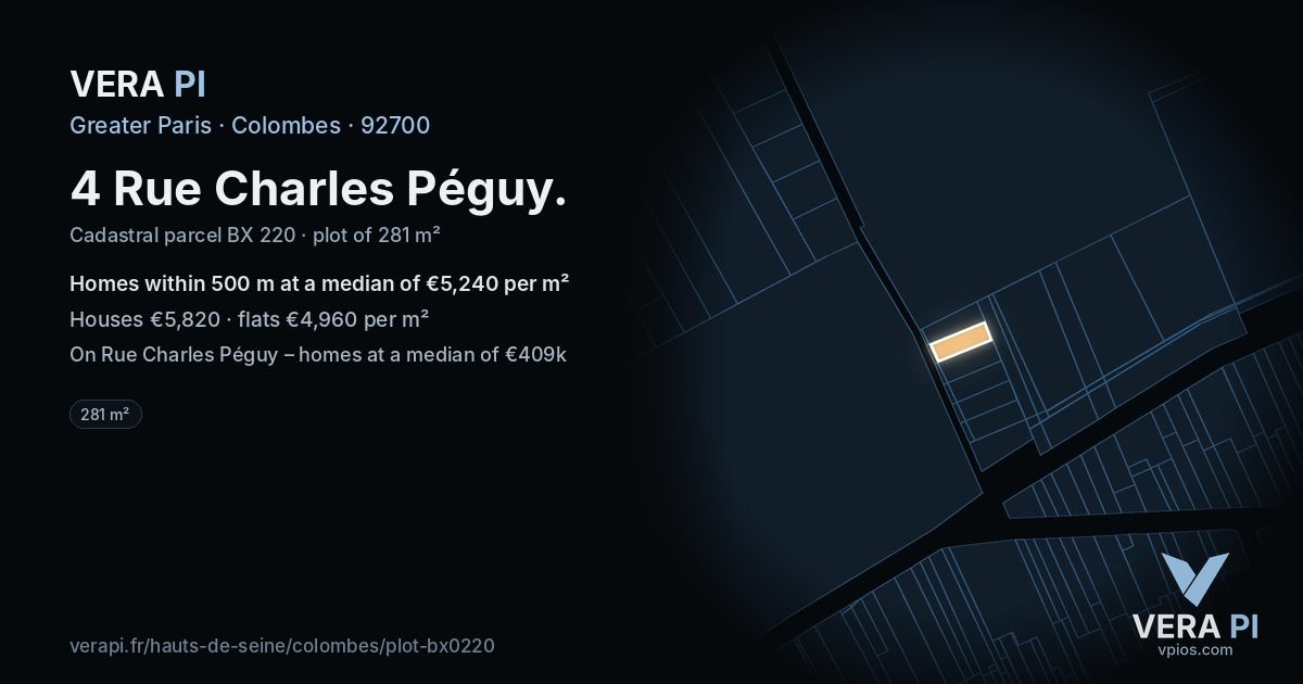 4 Rue Charles Péguy, Colombes at night – the plot lit, the parcels around coloured by the prices near them