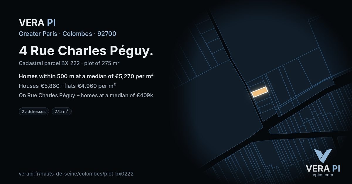 4 Rue Charles Péguy, Colombes at night – the plot lit, the parcels around coloured by the prices near them