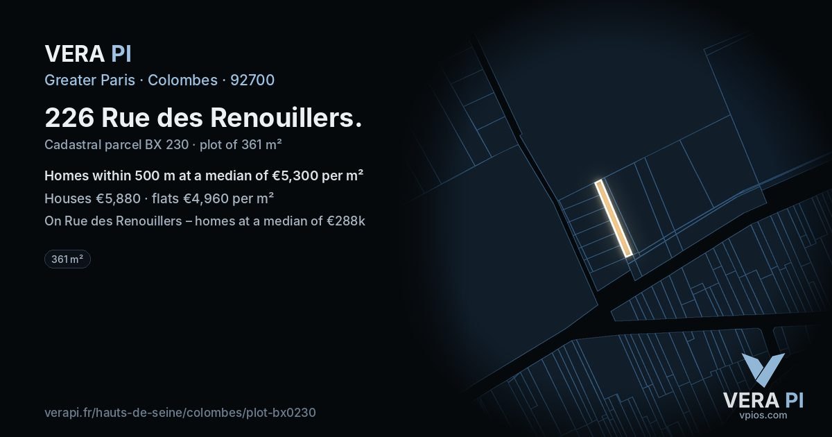 226 Rue des Renouillers, Colombes at night – the plot lit, the parcels around coloured by the prices near them