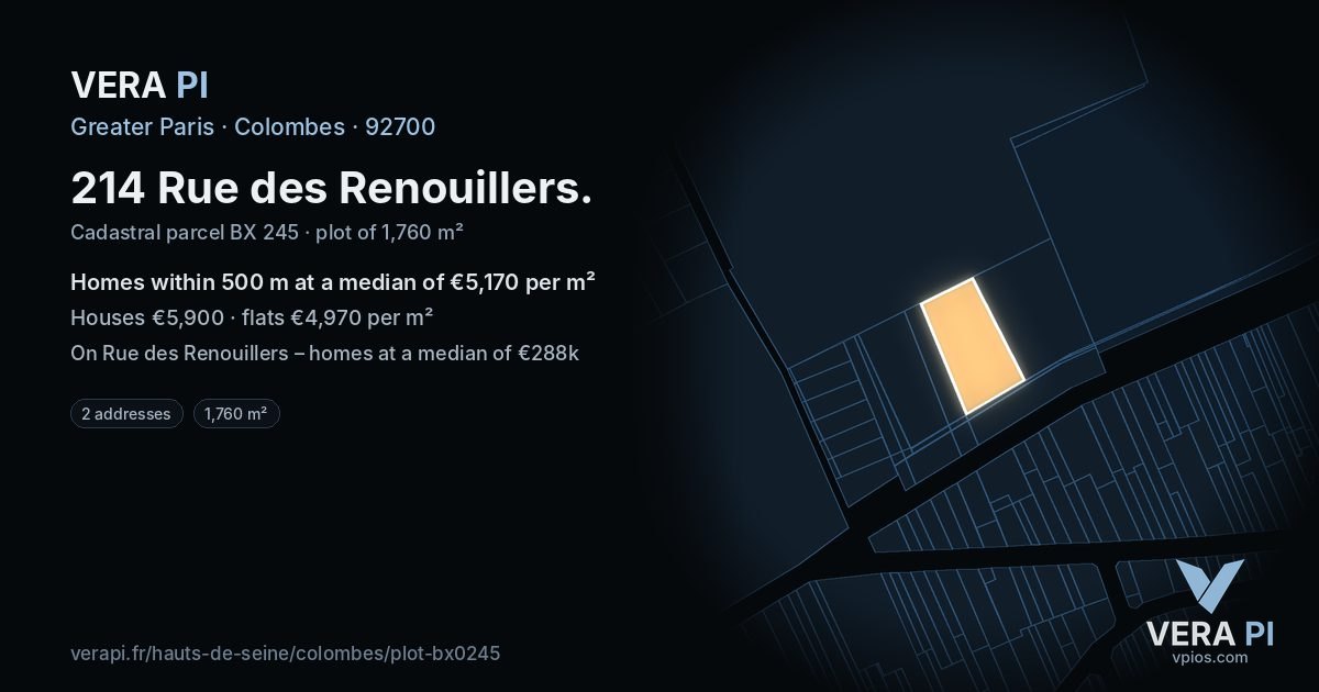 214 Rue des Renouillers, Colombes at night – the plot lit, the parcels around coloured by the prices near them