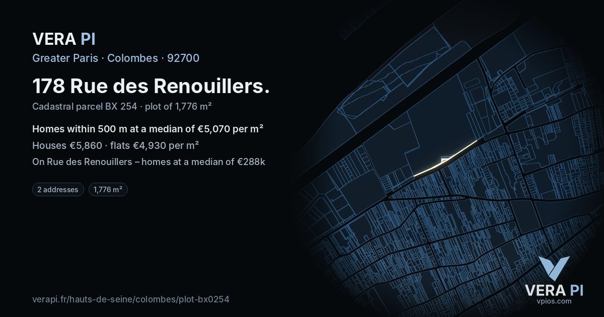 178 Rue des Renouillers, Colombes at night – the plot lit, the parcels around coloured by the prices near them