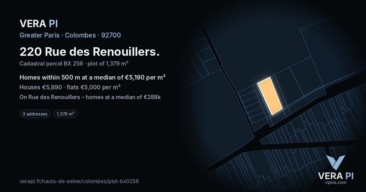 220 Rue des Renouillers, Colombes at night – the plot lit, the parcels around coloured by the prices near them