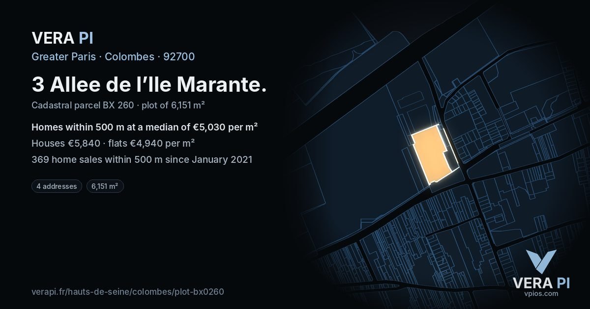 3 Allee de l’Ile Marante, Colombes at night – the plot lit, the parcels around coloured by the prices near them