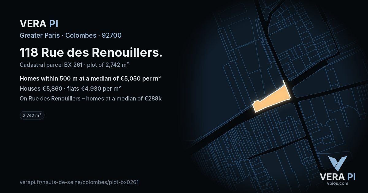 118 Rue des Renouillers, Colombes at night – the plot lit, the parcels around coloured by the prices near them