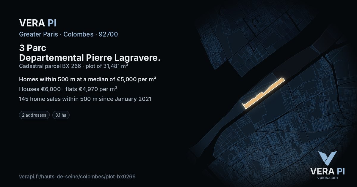 3 Parc Departemental Pierre Lagravere, Colombes at night – the plot lit, the parcels around coloured by the prices near them