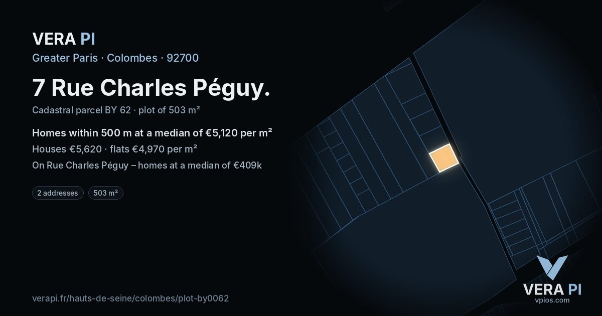 7 Rue Charles Péguy, Colombes at night – the plot lit, the parcels around coloured by the prices near them