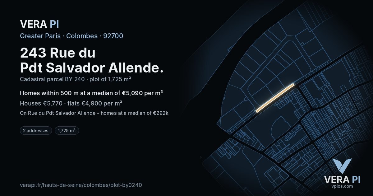 243 Rue du Pdt Salvador Allende, Colombes at night – the plot lit, the parcels around coloured by the prices near them