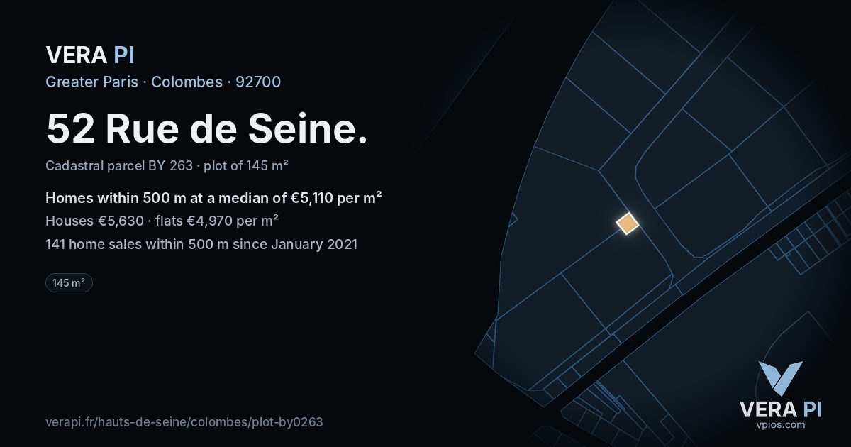 52 Rue de Seine, Colombes at night – the plot lit, the parcels around coloured by the prices near them