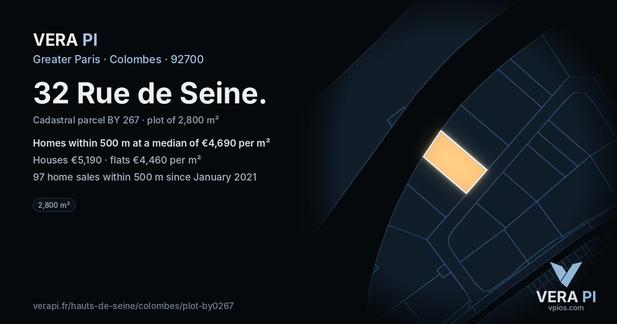 32 Rue de Seine, Colombes at night – the plot lit, the parcels around coloured by the prices near them