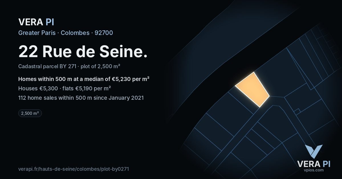 22 Rue de Seine, Colombes at night – the plot lit, the parcels around coloured by the prices near them