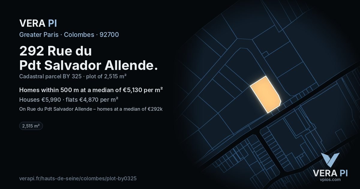 292 Rue du Pdt Salvador Allende, Colombes at night – the plot lit, the parcels around coloured by the prices near them