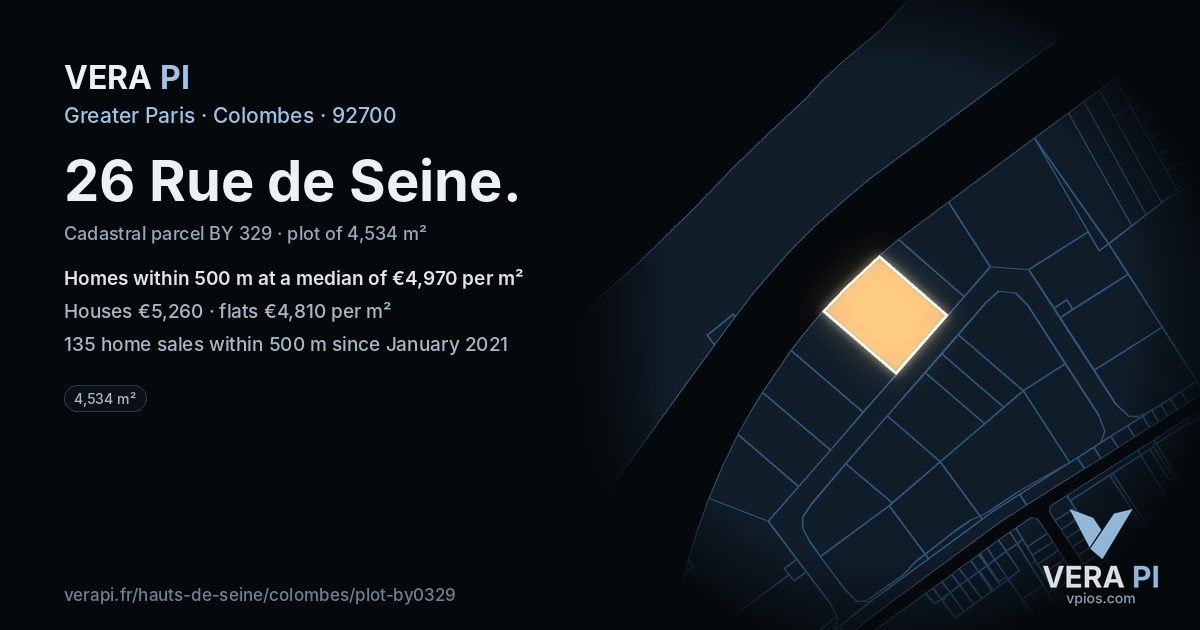 26 Rue de Seine, Colombes at night – the plot lit, the parcels around coloured by the prices near them