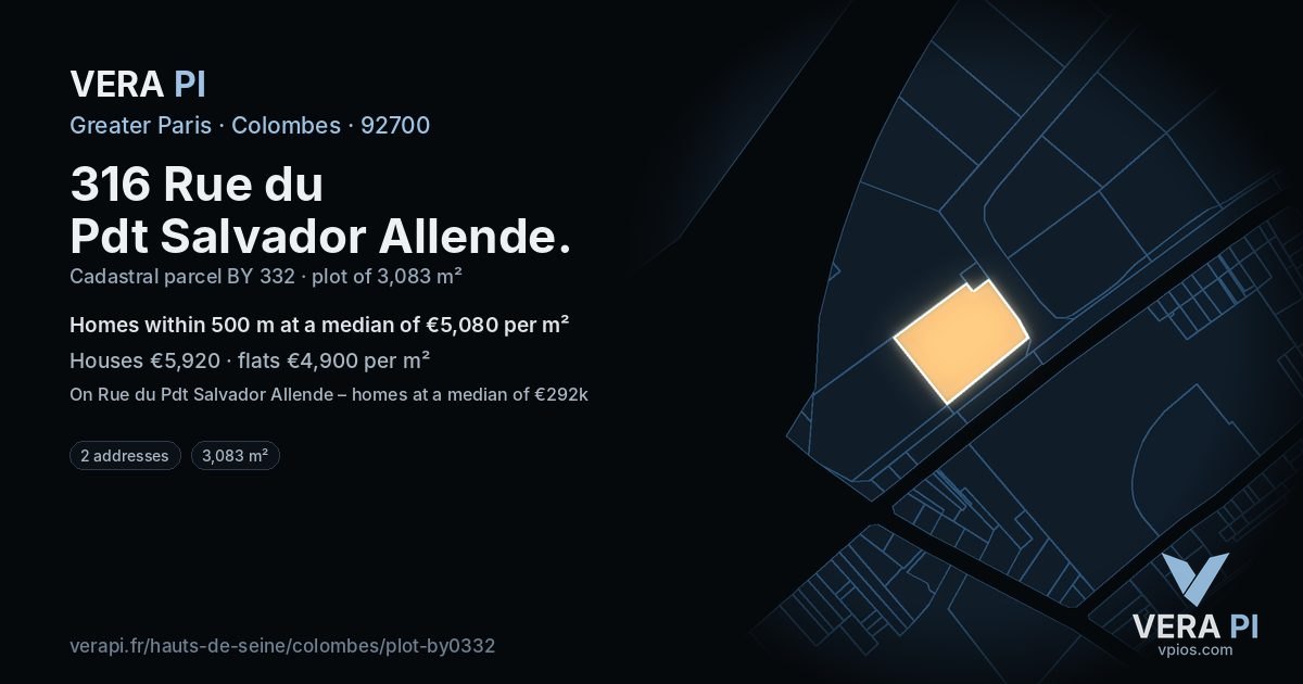 316 Rue du Pdt Salvador Allende, Colombes at night – the plot lit, the parcels around coloured by the prices near them