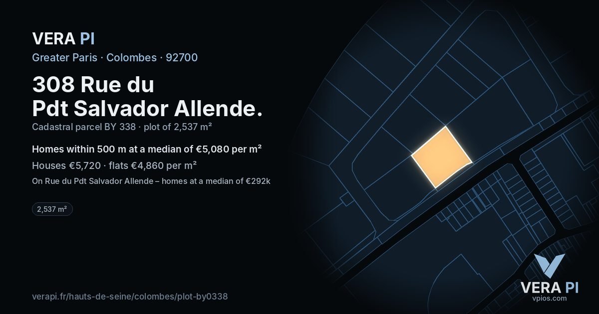 308 Rue du Pdt Salvador Allende, Colombes at night – the plot lit, the parcels around coloured by the prices near them