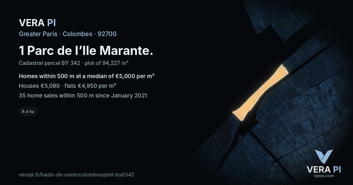 1 Parc de l’Ile Marante, Colombes at night – the plot lit, the parcels around coloured by the prices near them
