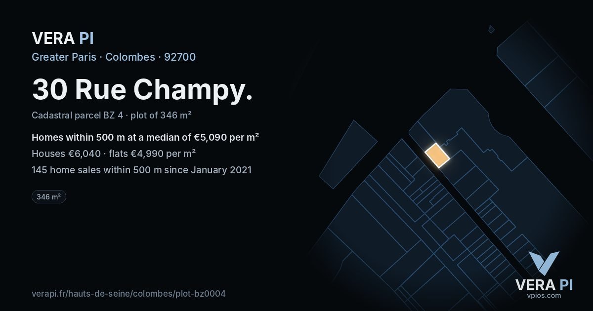 30 Rue Champy, Colombes at night – the plot lit, the parcels around coloured by the prices near them