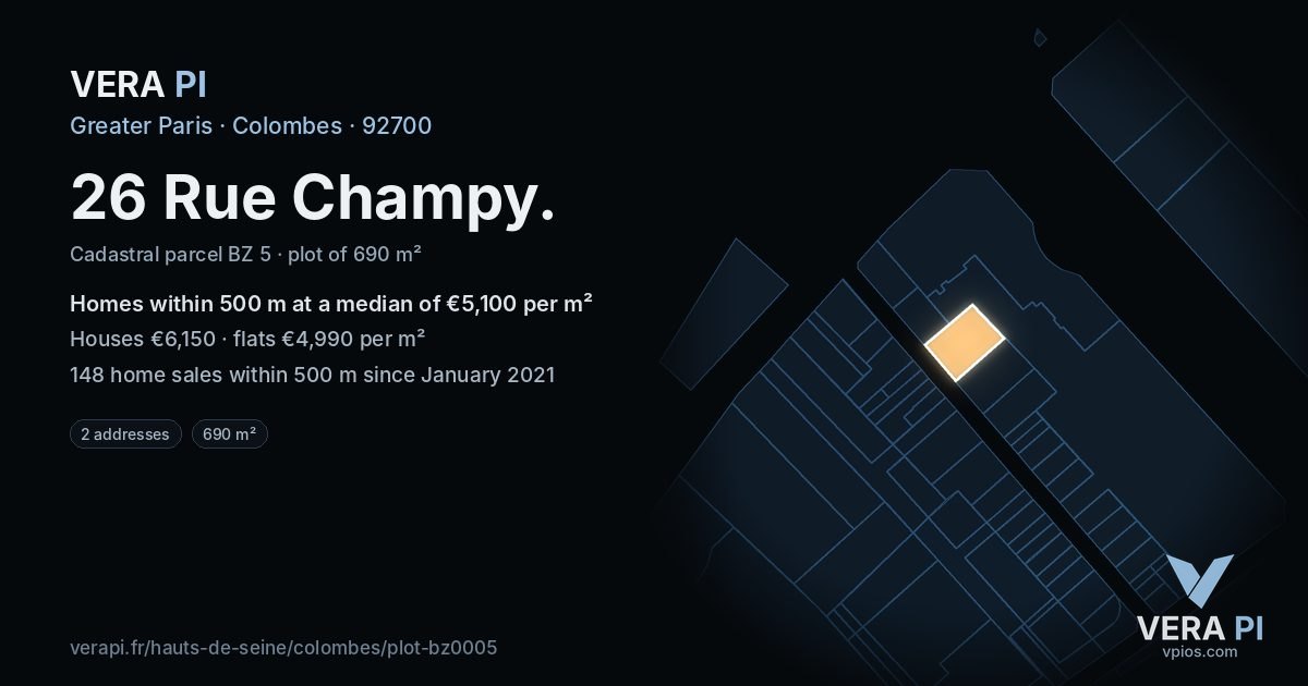 26 Rue Champy, Colombes at night – the plot lit, the parcels around coloured by the prices near them
