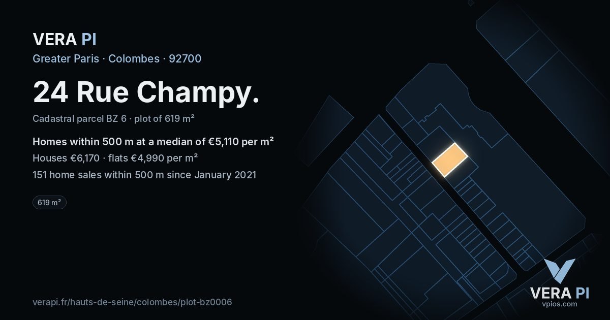 24 Rue Champy, Colombes at night – the plot lit, the parcels around coloured by the prices near them