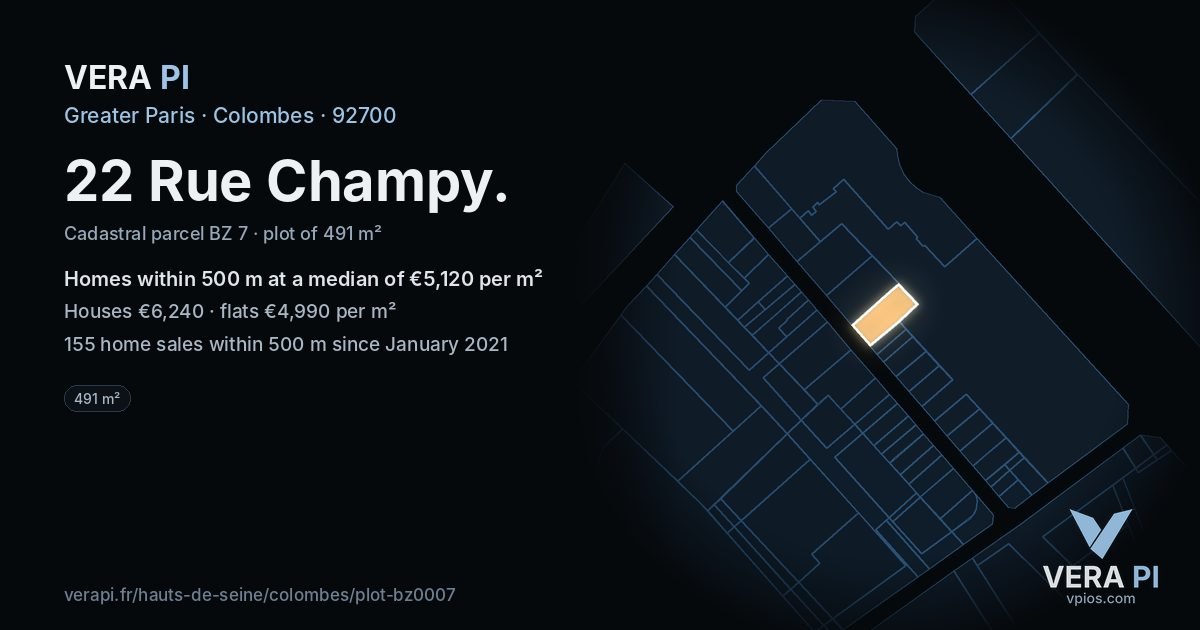 22 Rue Champy, Colombes at night – the plot lit, the parcels around coloured by the prices near them