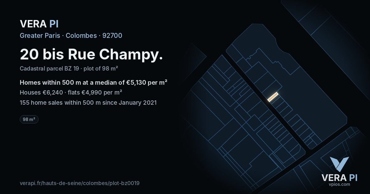 20 bis Rue Champy, Colombes at night – the plot lit, the parcels around coloured by the prices near them