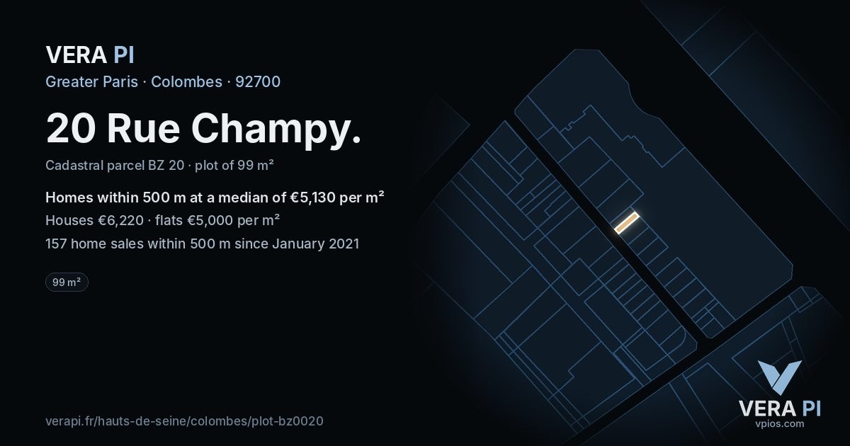 20 Rue Champy, Colombes at night – the plot lit, the parcels around coloured by the prices near them