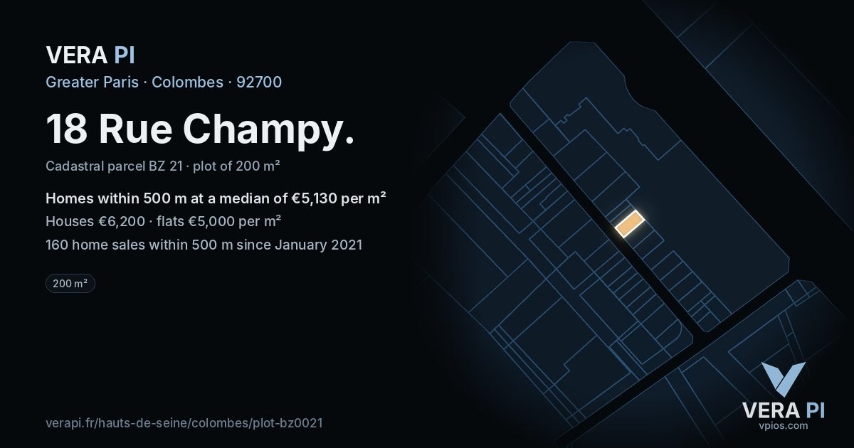 18 Rue Champy, Colombes at night – the plot lit, the parcels around coloured by the prices near them