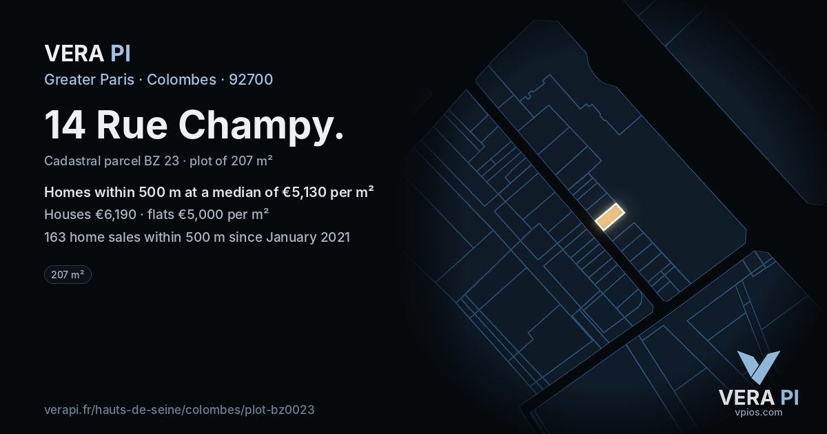 14 Rue Champy, Colombes at night – the plot lit, the parcels around coloured by the prices near them