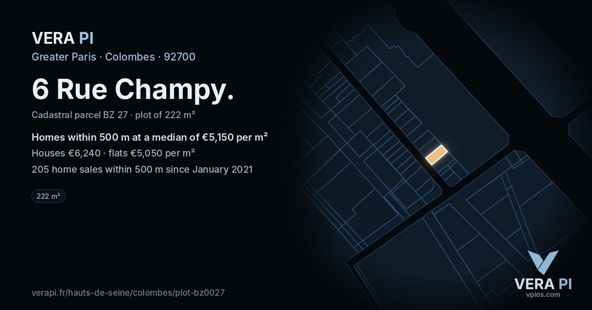 6 Rue Champy, Colombes at night – the plot lit, the parcels around coloured by the prices near them