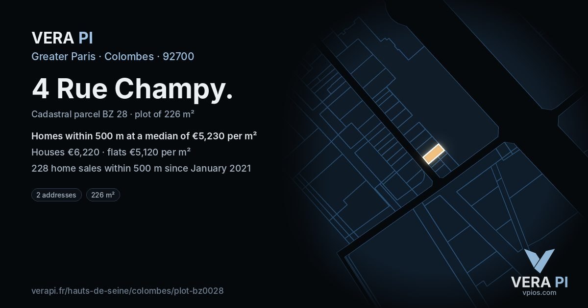 4 Rue Champy, Colombes at night – the plot lit, the parcels around coloured by the prices near them