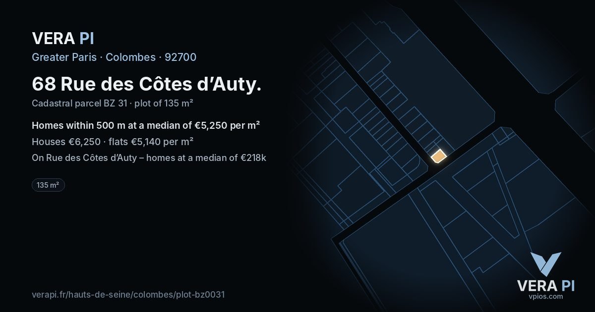 68 Rue des Côtes d’Auty, Colombes at night – the plot lit, the parcels around coloured by the prices near them