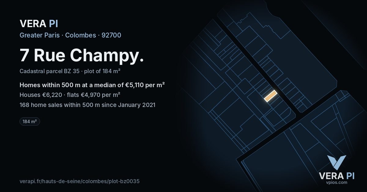 7 Rue Champy, Colombes at night – the plot lit, the parcels around coloured by the prices near them