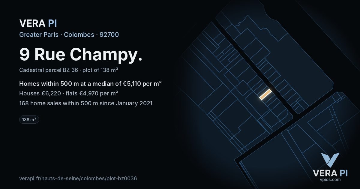 9 Rue Champy, Colombes at night – the plot lit, the parcels around coloured by the prices near them