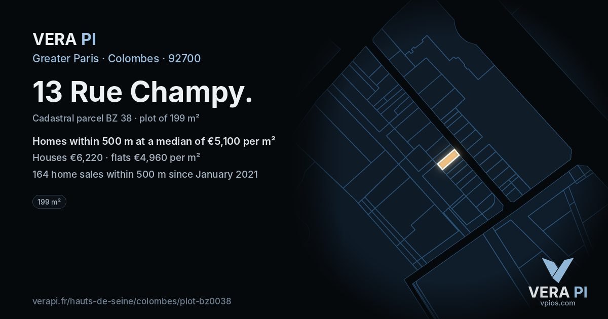 13 Rue Champy, Colombes at night – the plot lit, the parcels around coloured by the prices near them