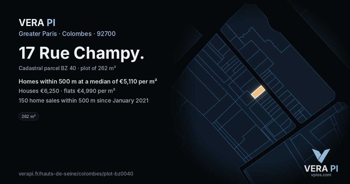 17 Rue Champy, Colombes at night – the plot lit, the parcels around coloured by the prices near them