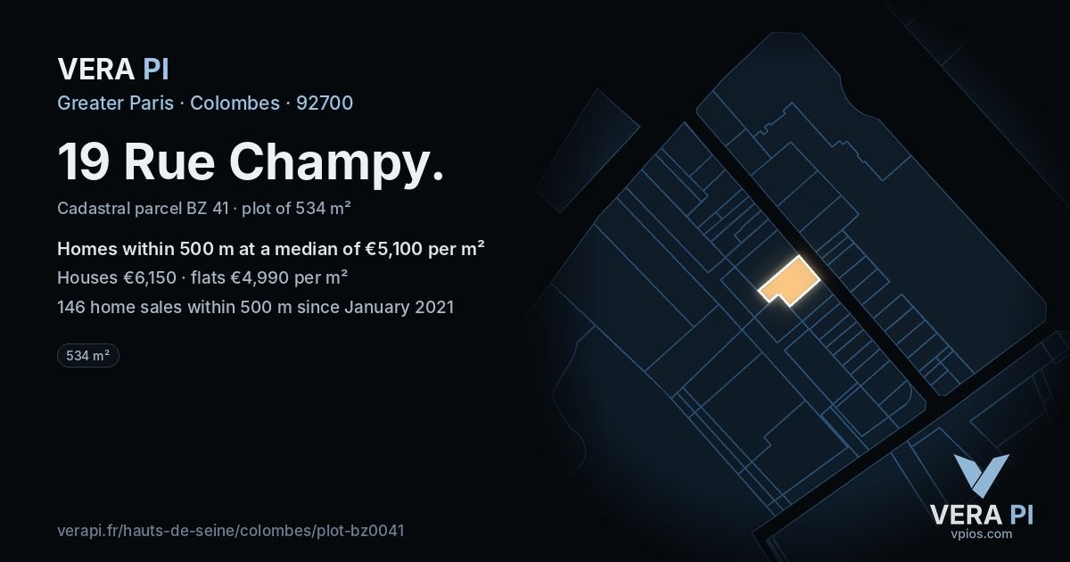 19 Rue Champy, Colombes at night – the plot lit, the parcels around coloured by the prices near them