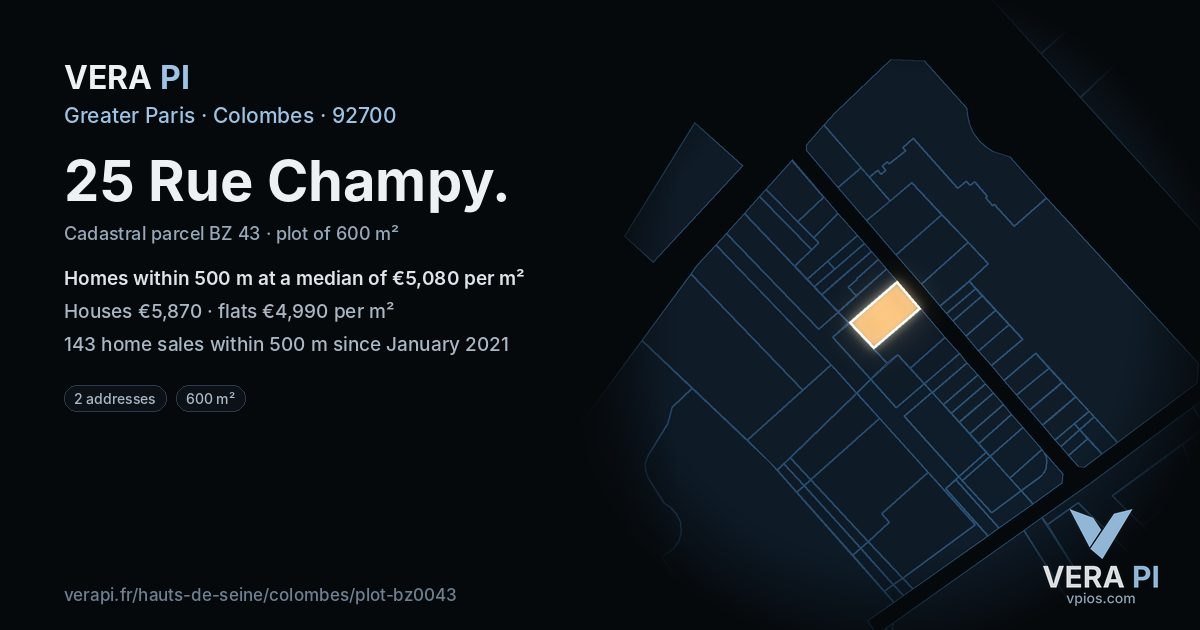 25 Rue Champy, Colombes at night – the plot lit, the parcels around coloured by the prices near them