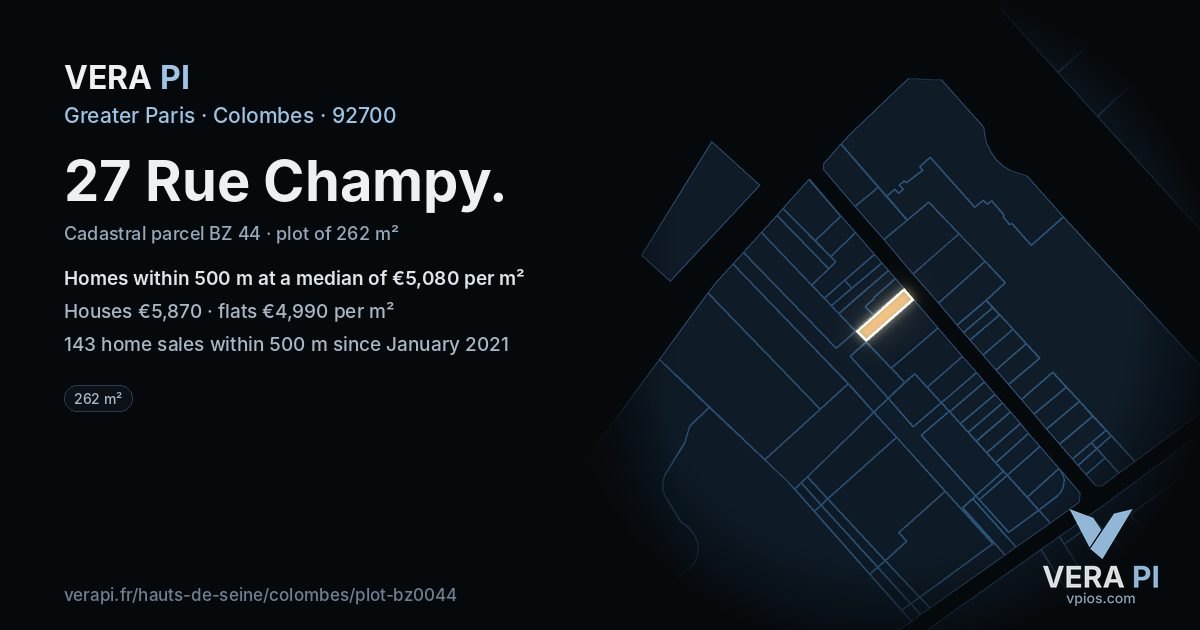 27 Rue Champy, Colombes at night – the plot lit, the parcels around coloured by the prices near them