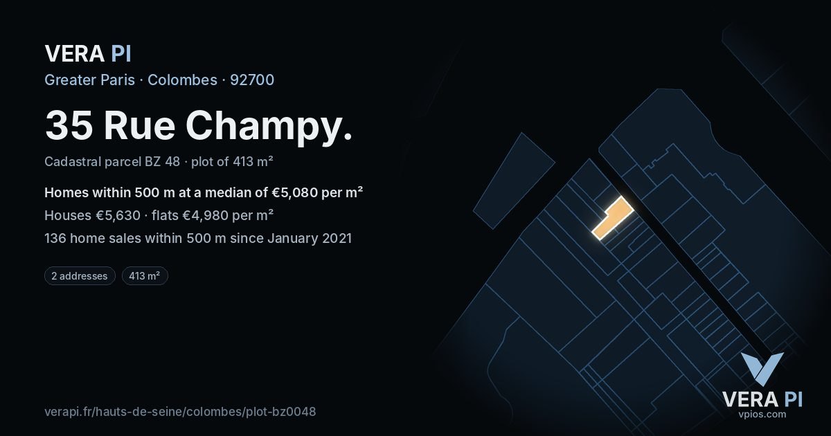 35 Rue Champy, Colombes at night – the plot lit, the parcels around coloured by the prices near them