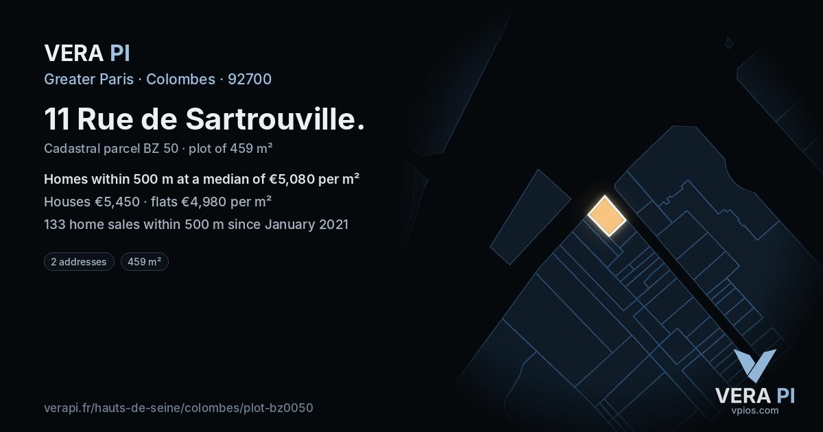 11 Rue de Sartrouville, Colombes at night – the plot lit, the parcels around coloured by the prices near them
