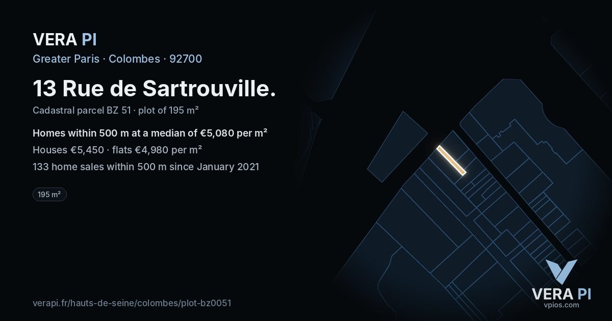 13 Rue de Sartrouville, Colombes at night – the plot lit, the parcels around coloured by the prices near them