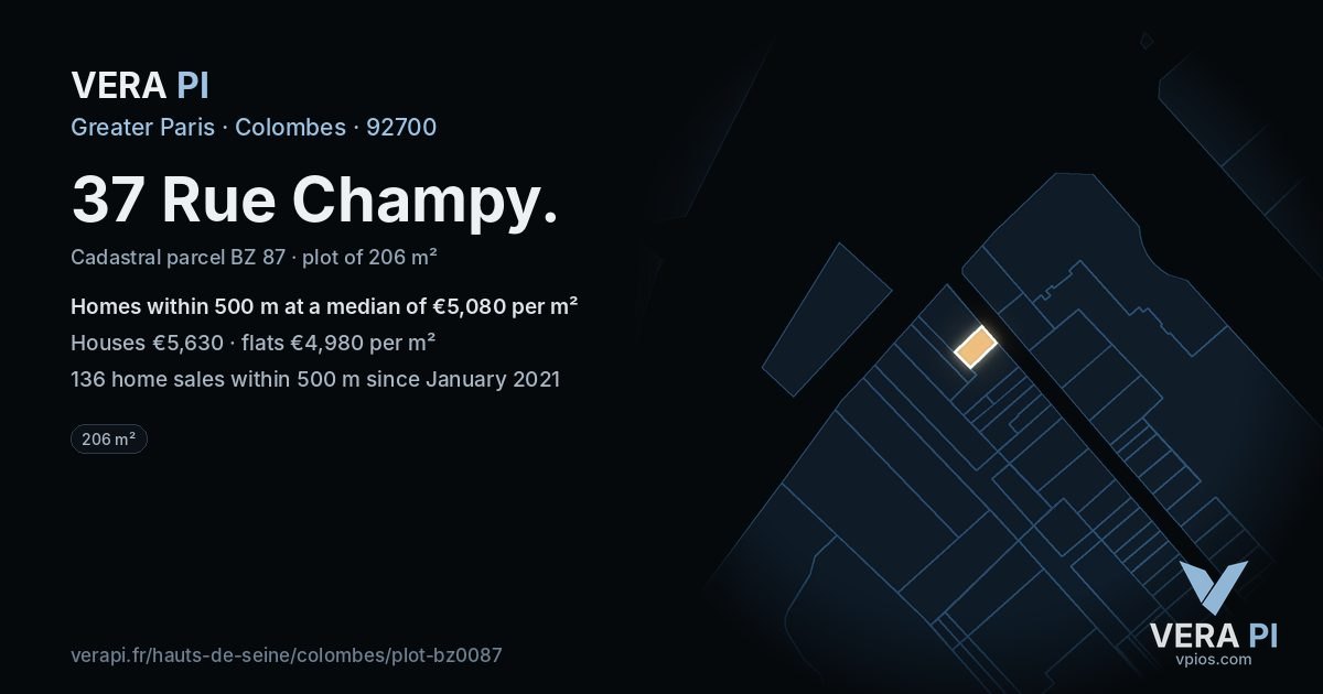 37 Rue Champy, Colombes at night – the plot lit, the parcels around coloured by the prices near them