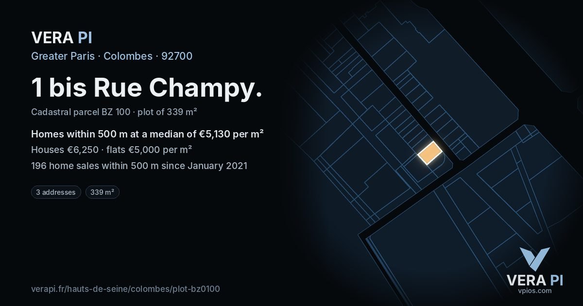 1 bis Rue Champy, Colombes at night – the plot lit, the parcels around coloured by the prices near them