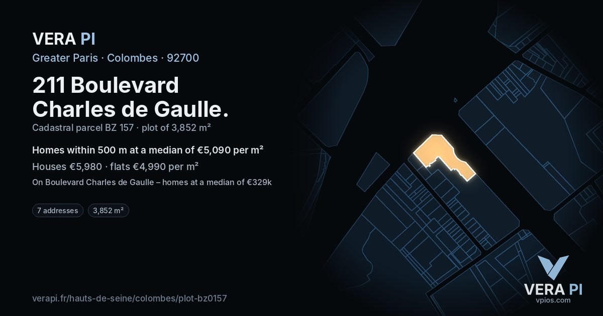 211 Boulevard Charles de Gaulle, Colombes at night – the plot lit, the parcels around coloured by the prices near them